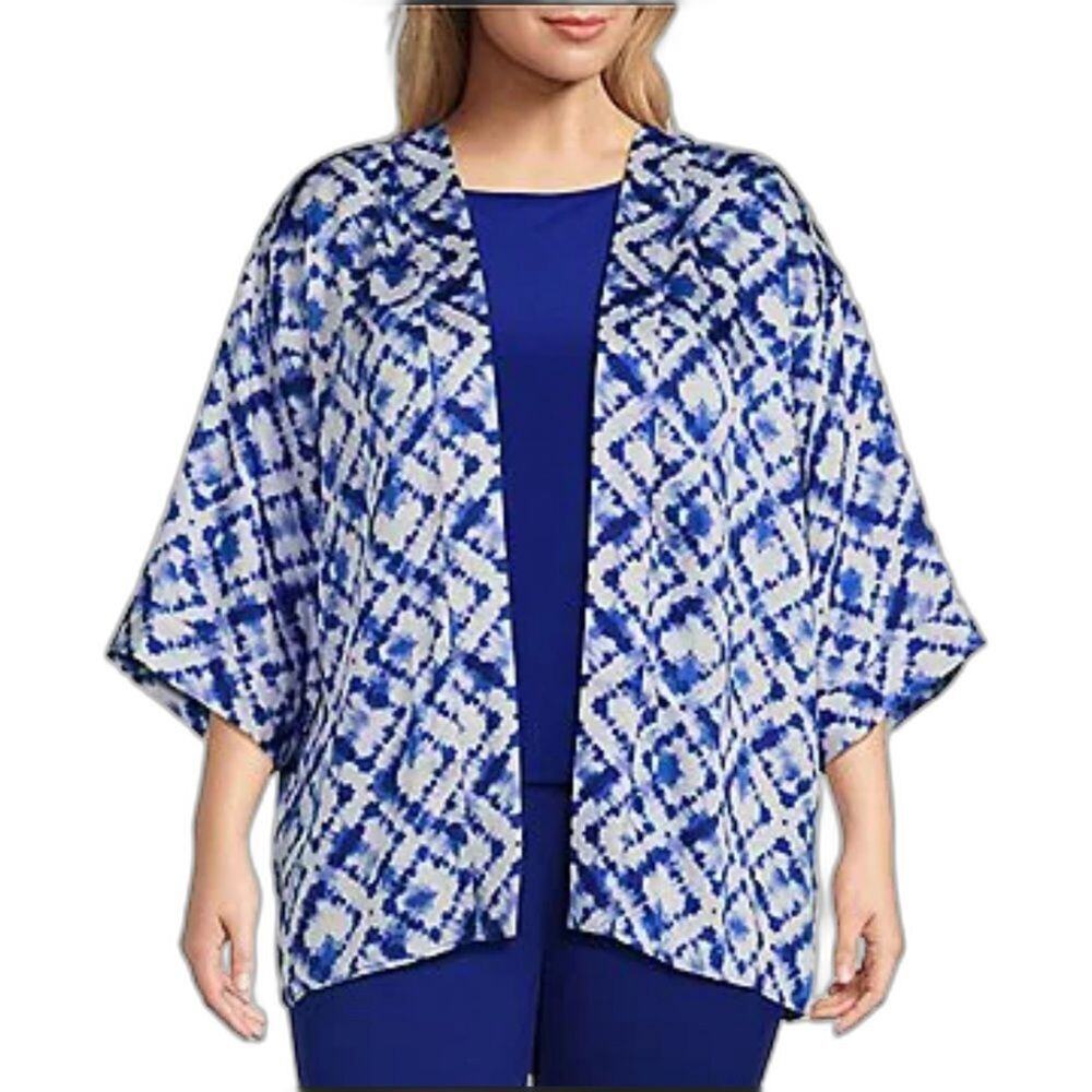 Slim Factor by Investments Plus Size Royal Tie Dye 3/4 Sleeve Kimono 1X - Picture 1 of 4